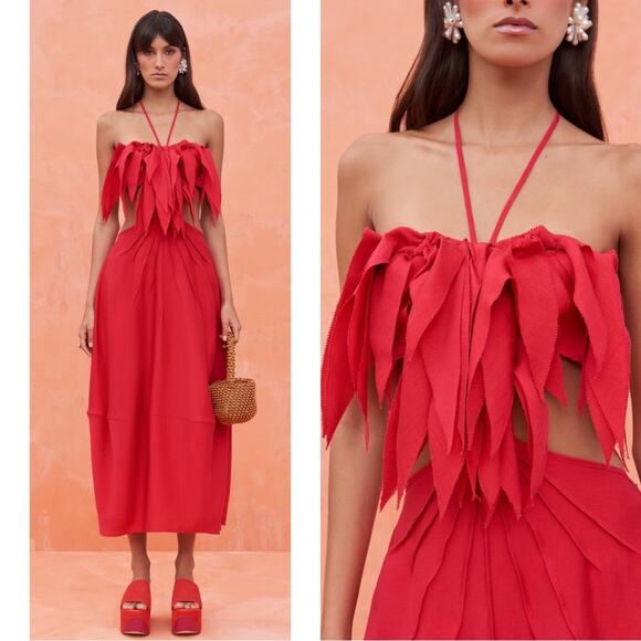 Cult Gaia Lue Ruffle Cutout Halterneck Red Midi Dress Size Small - Picture 1 of 10